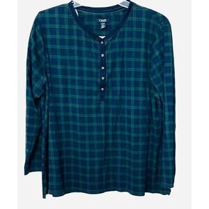 CHAPS LONG SLV CREW NECK PULL- OVER TOP, WOMENS, 2X, NAVY BLUE & GREEN PLAID